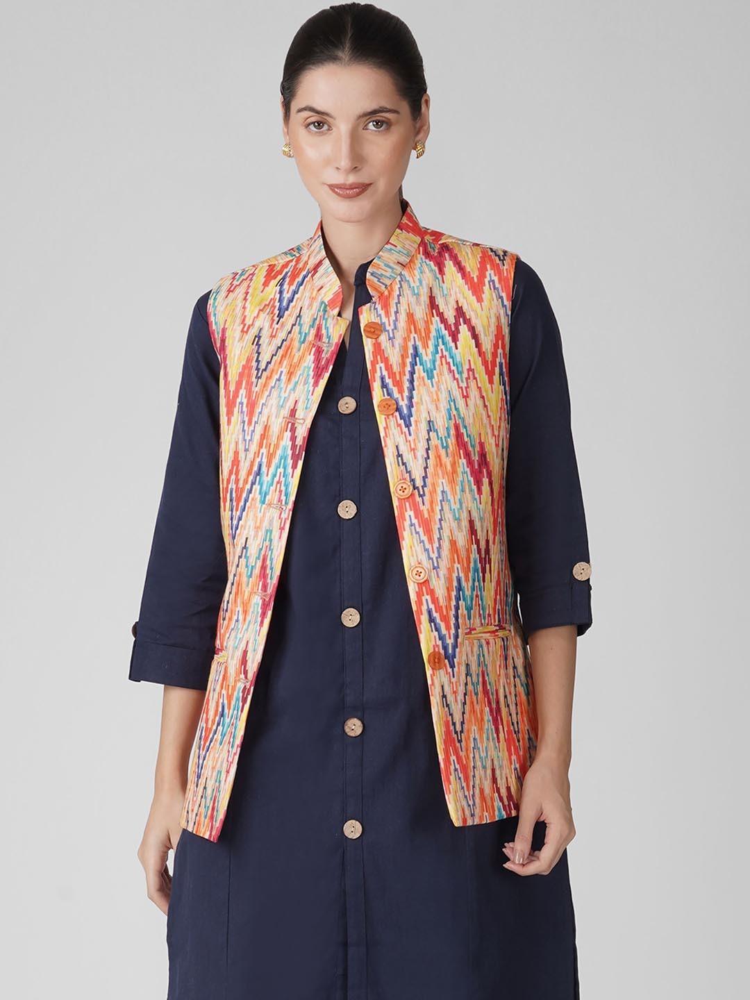 

Vastraa Fusion Women Printed Nehru Jackets, Yellow