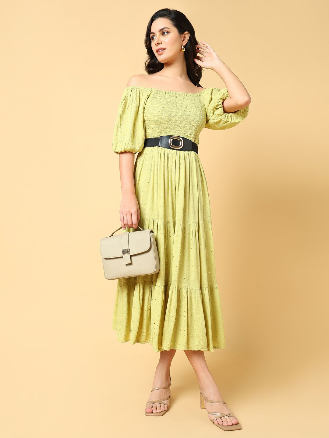 

SHOWOFF Women Off-Shoulder Puff Sleeve Crepe Fit & Flare Midi Dress, Green