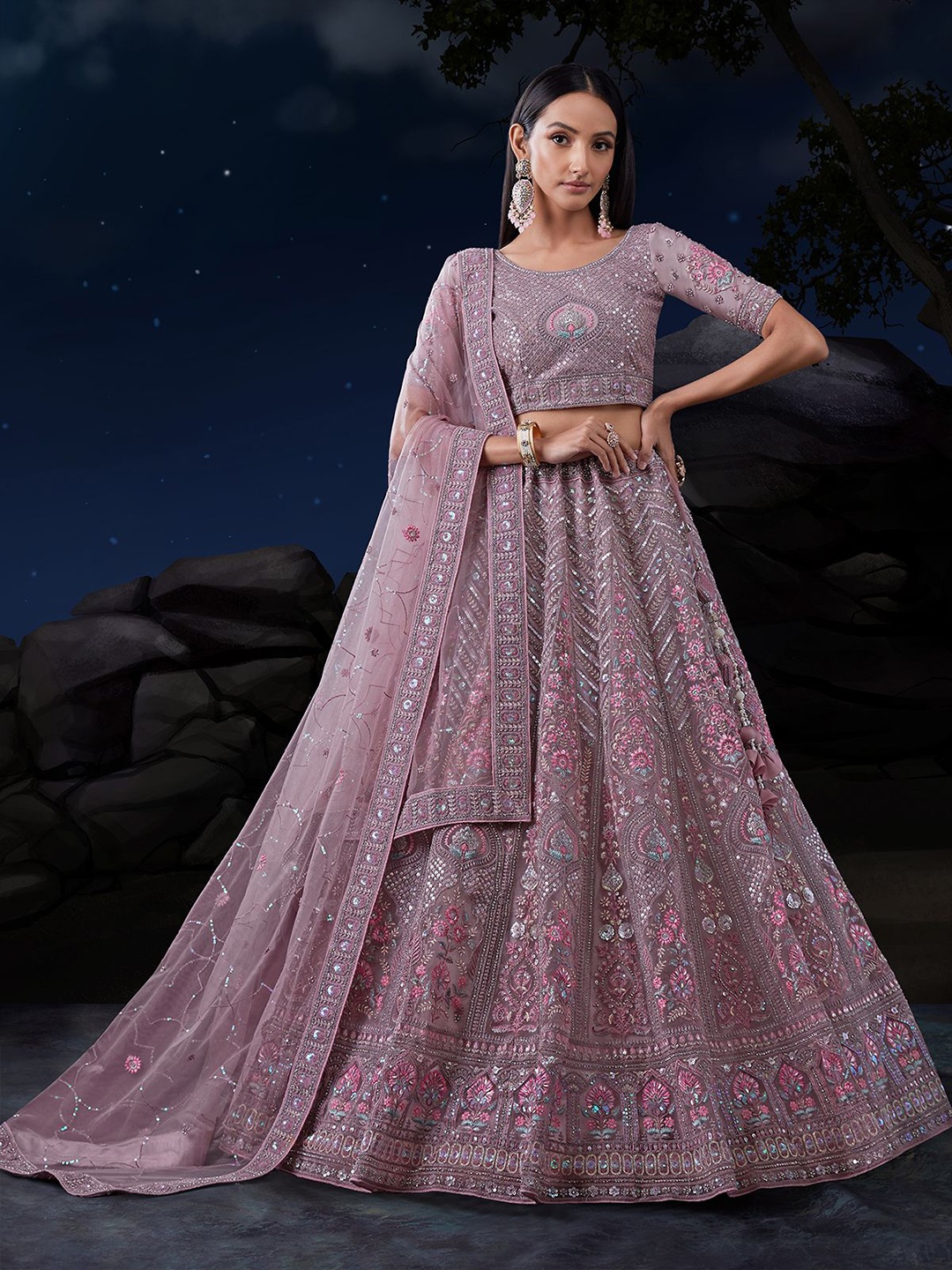 

ODETTE Embroidered Sequinned Semi-Stitched Lehenga & Blouse With Dupatta, Mauve