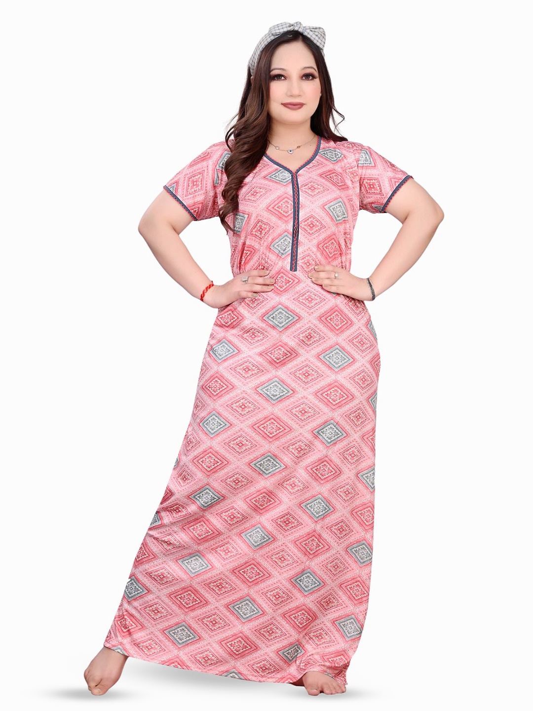 

G4Girl Women Geometric Printed Maxi Nightdress, Peach