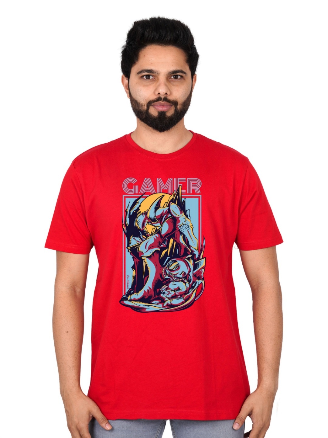 

LA MILANO Men Graphic Printed Round Neck Pure Cotton Slim Fit T-shirt, Red
