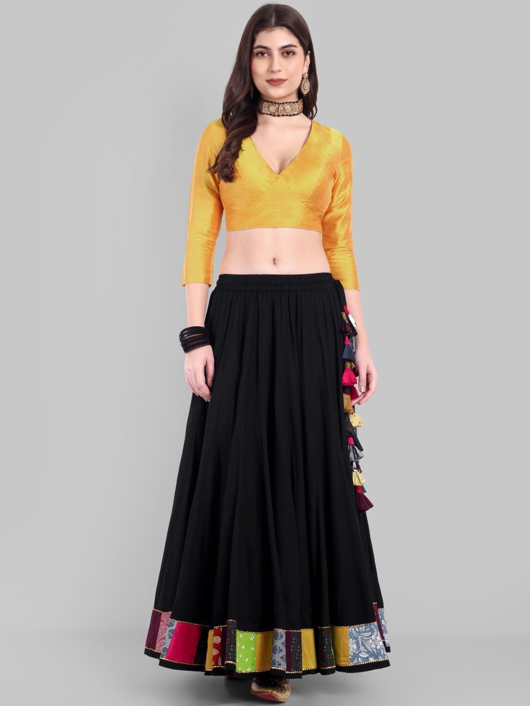 

Mera Rang Women Tiered Maxi Flared Skirt with Multi Colour Border, Black