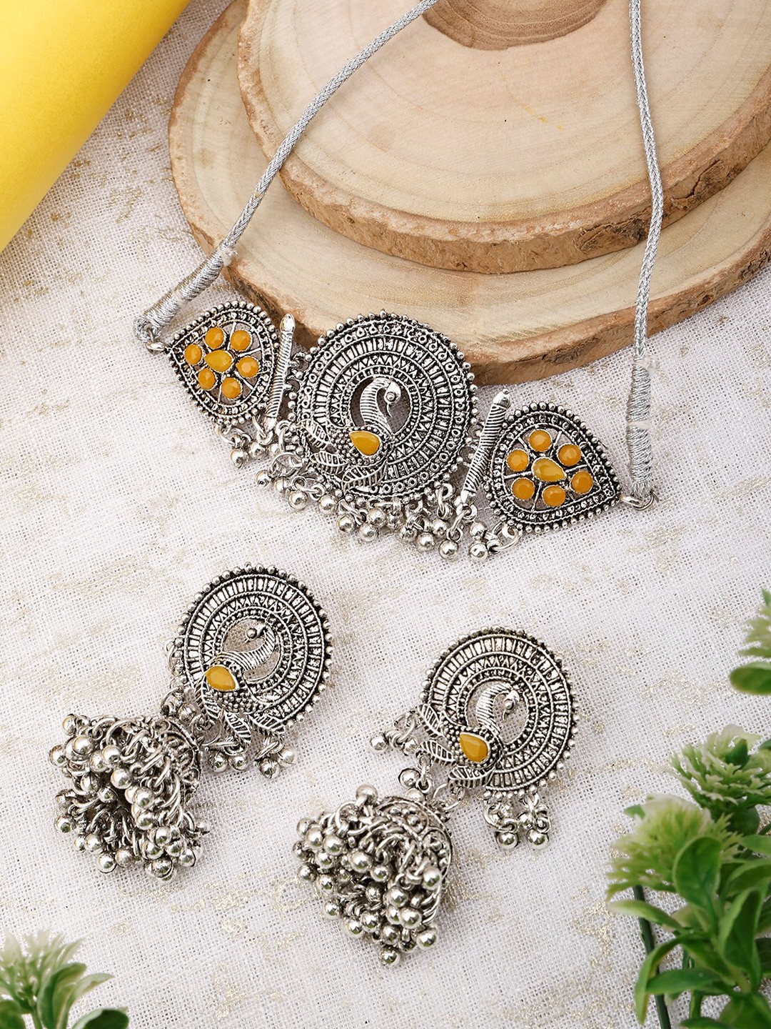 

SUNHARI Oxidized Stone-Studded & Beaded Jewellery Set, Silver