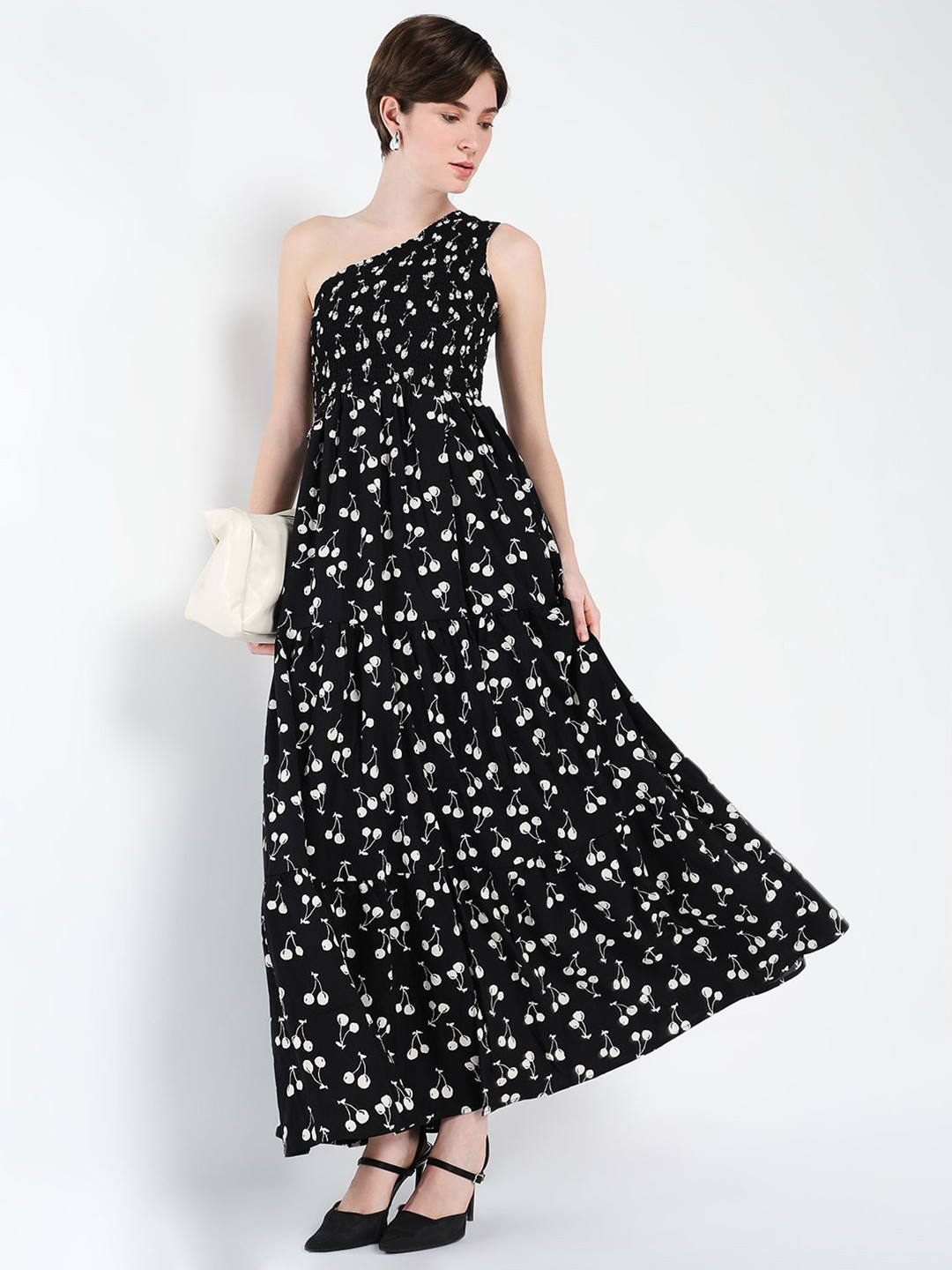 

SHOWOFF Women Conversational Printed One Shoulder Fit & Flare Maxi Dress, Black