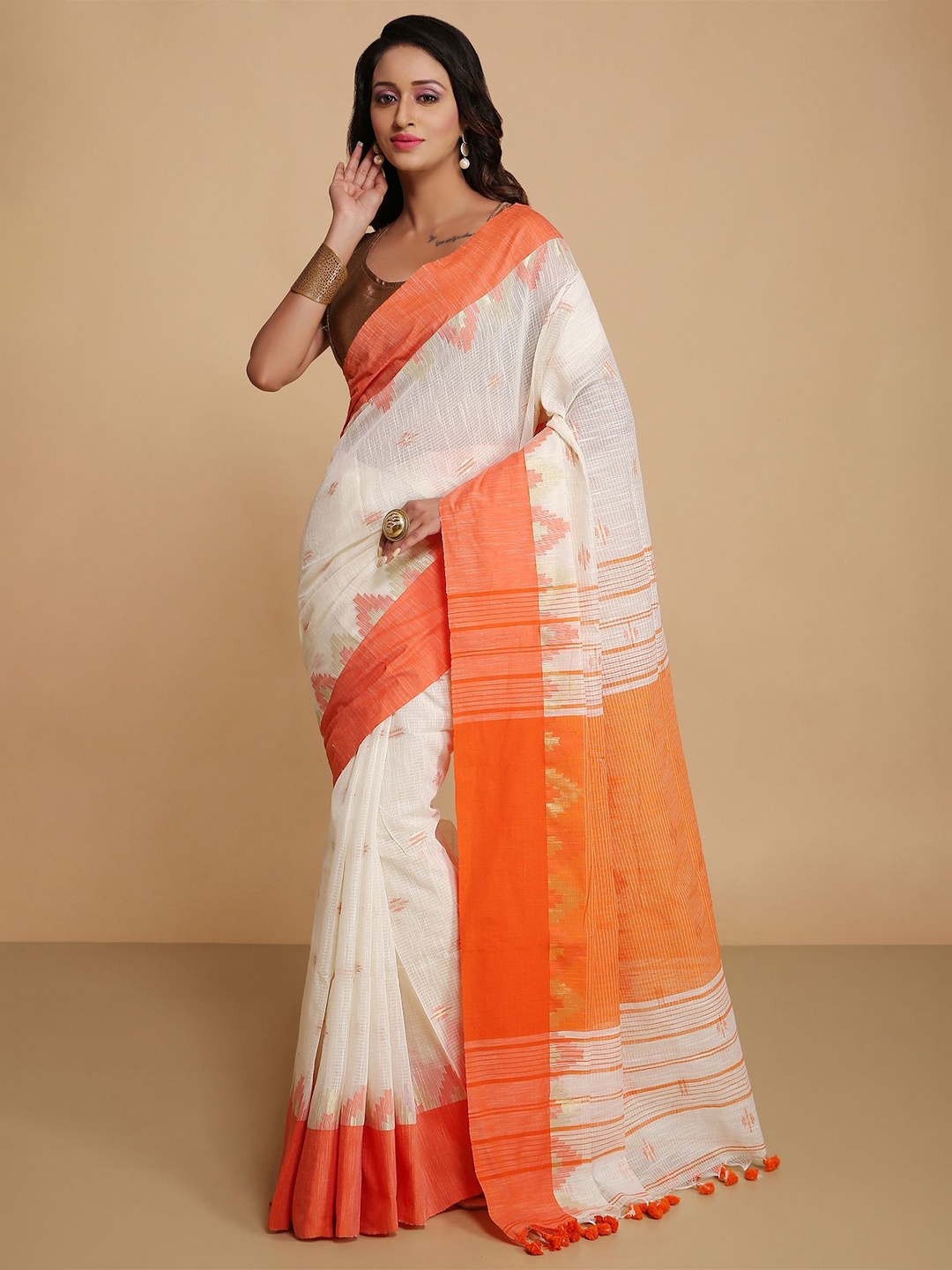 

WoodenTant Ethnic Motifs Silk Cotton Saree, Off white