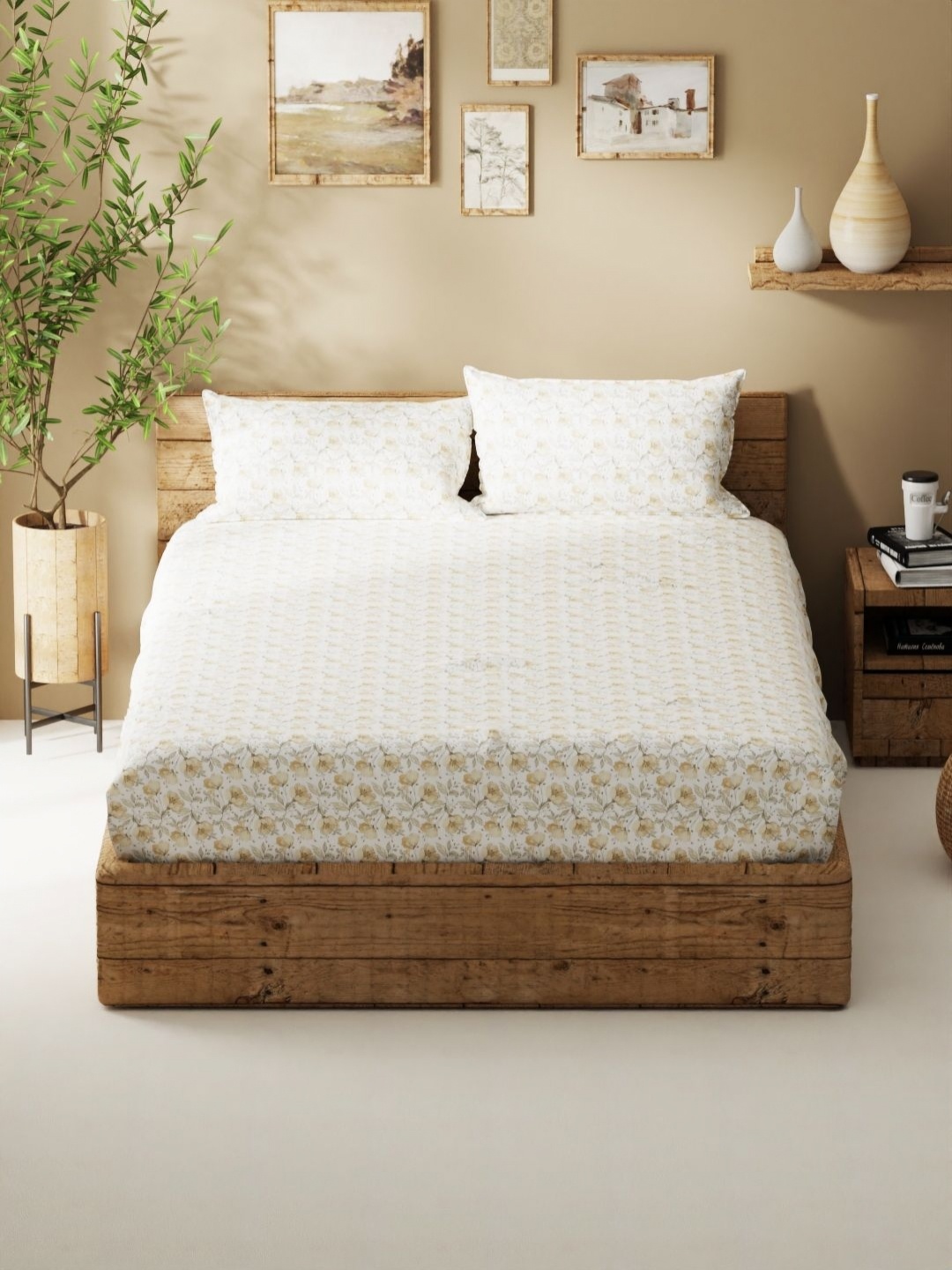 

BIANCA Yellow & White Floral 120 TC Queen Bedsheet with 2 Pillow Covers