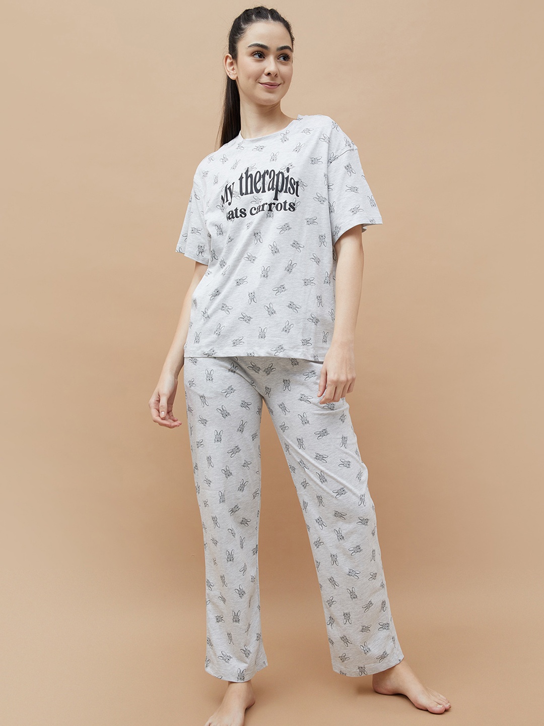 

Ginger by Lifestyle Women Pure Cotton Conversational Printed Night suit, Grey
