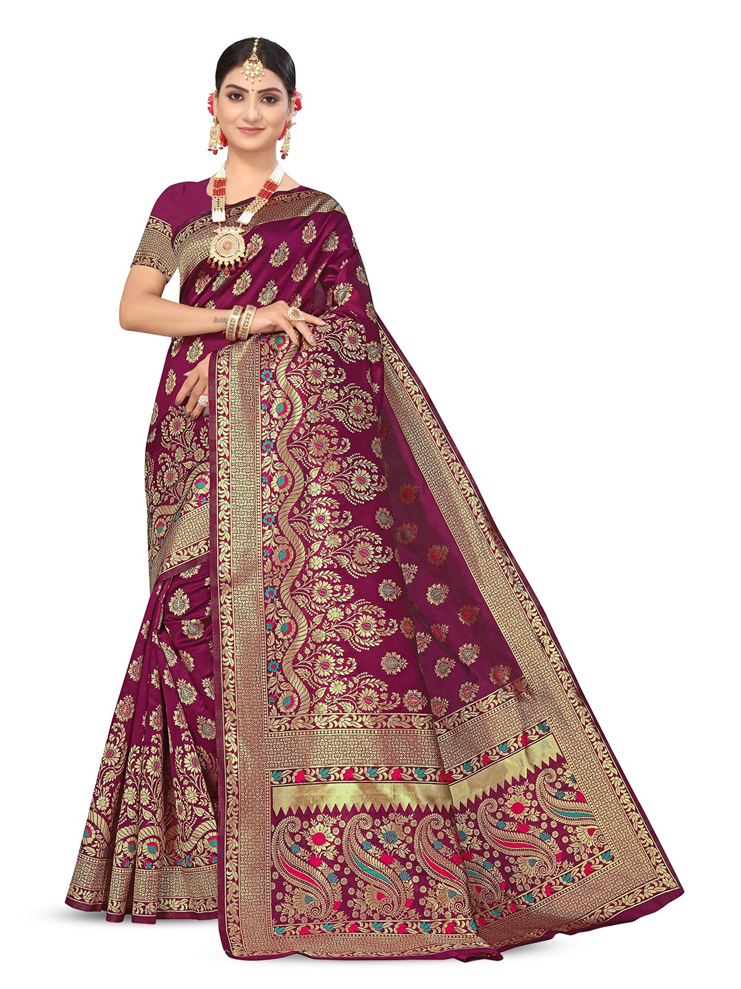

Maroosh Floral Zari Silk Blend Banarasi Saree with unstitched blouse piece, Purple