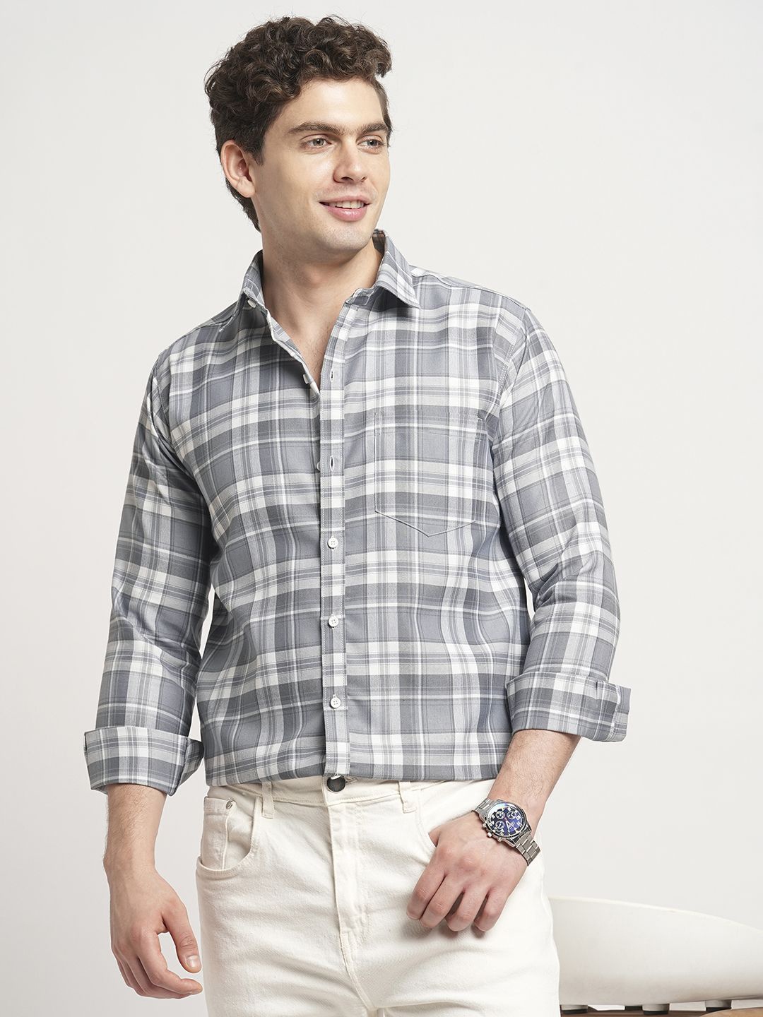 

TRYBUY.IN Men Standard Spread Collar Tartan Checked Cotton Casual Shirt, Grey