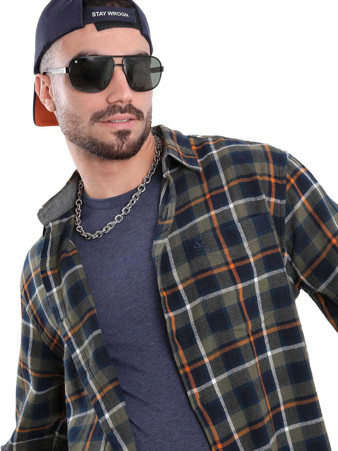 

WROGN Men Spread Collar Tartan Checked Cotton Casual Shirt, Olive