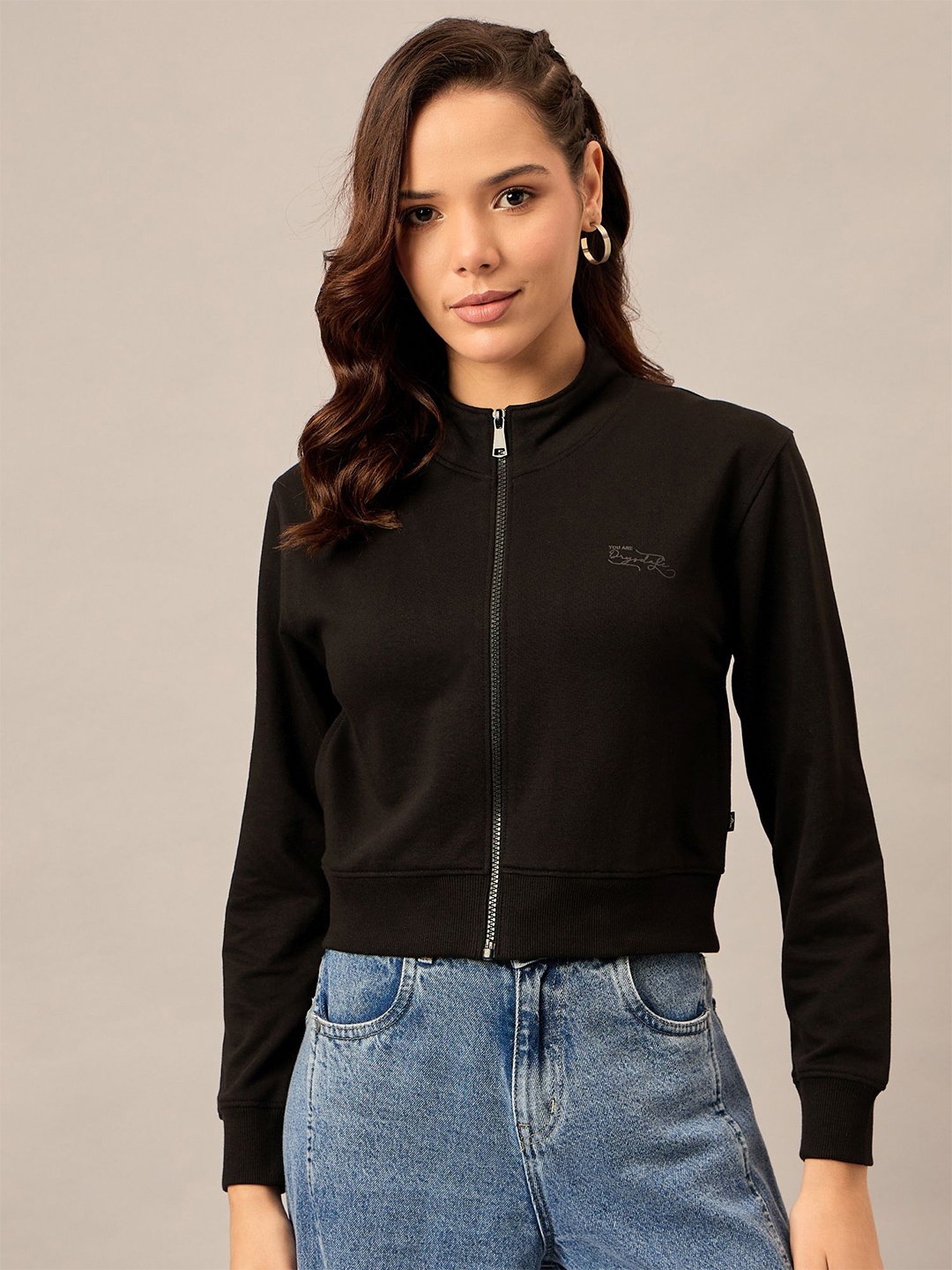 

The Roadster Lifestyle Co. Women Solid Mock Collar Cotton Front-Open Sweatshirt, Black