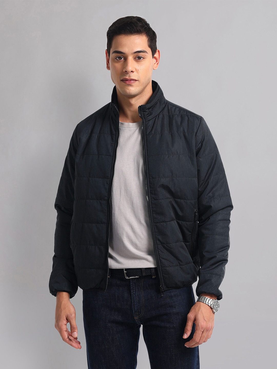 

AD By Arvind Men Mock Collar Solid Casual Padded Jacket, Black