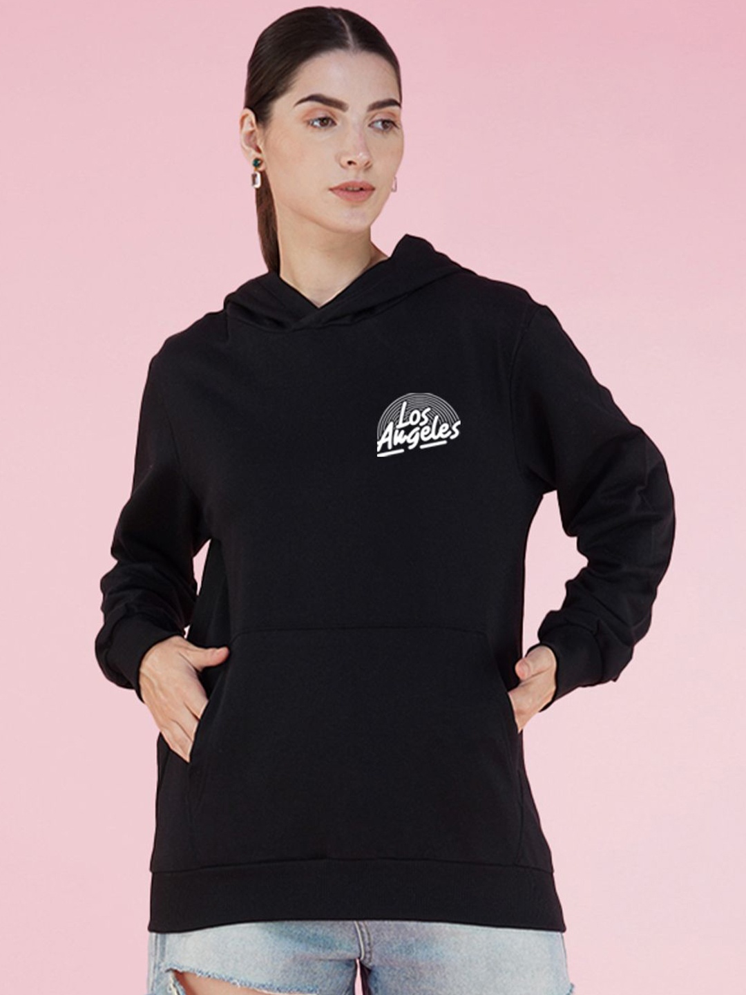 

NUSYL Women Typography Printed Hood Fleece Pullover Oversized Sweatshirt, Black