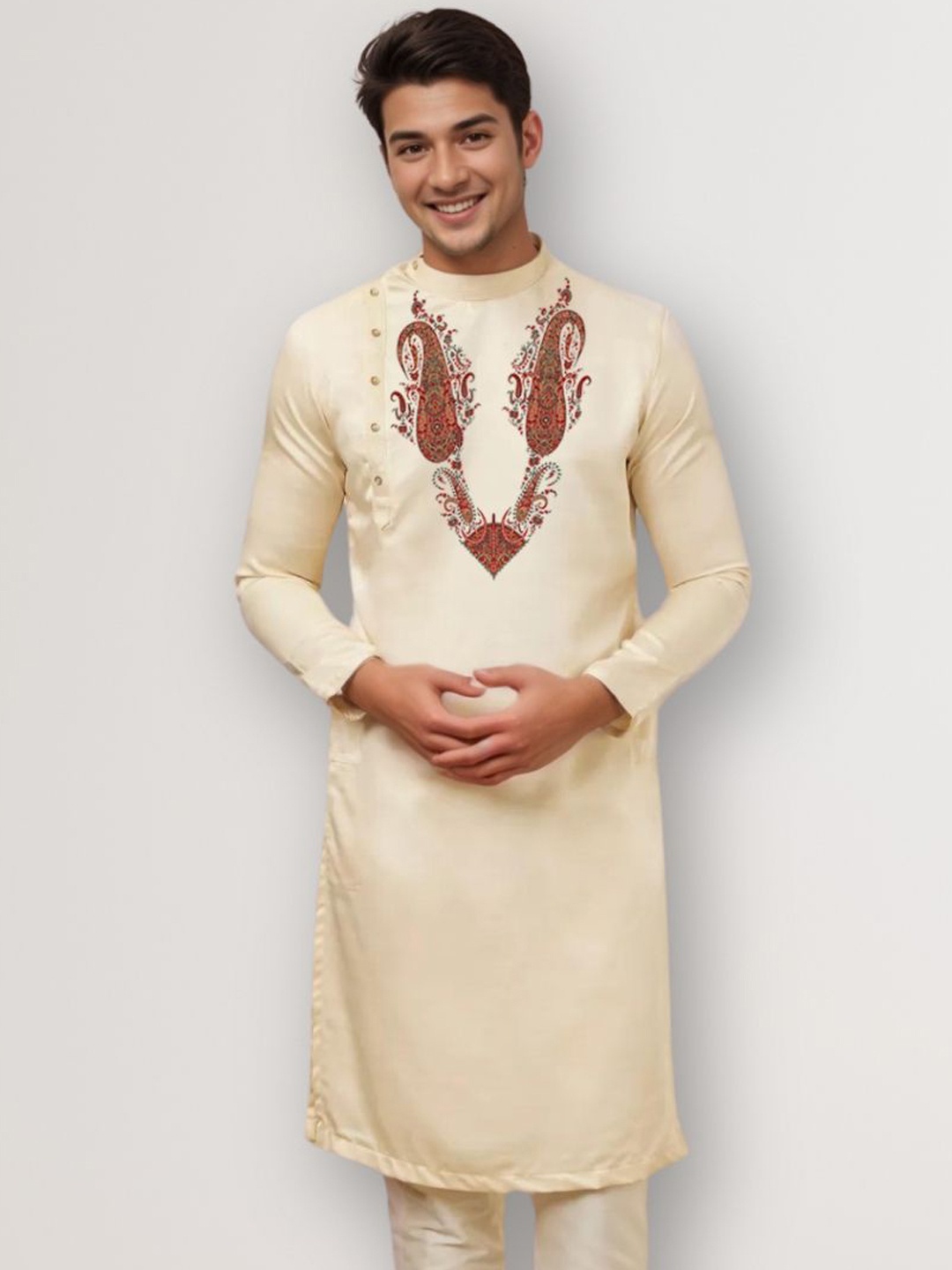 

DEVOILER Ethnic Motifs Printed Mandarin Collar Straight Kurta, Beige