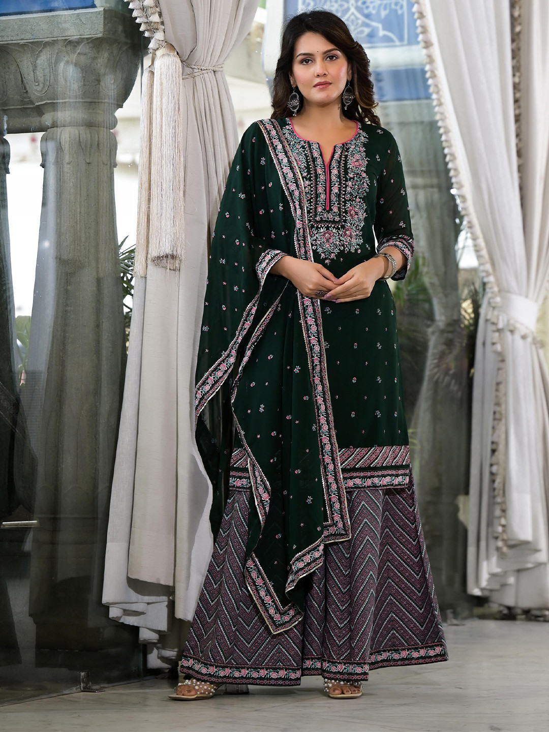 

Juniper Floral Printed Regular Georgette Straight Kurta with Sharara & Dupatta, Green