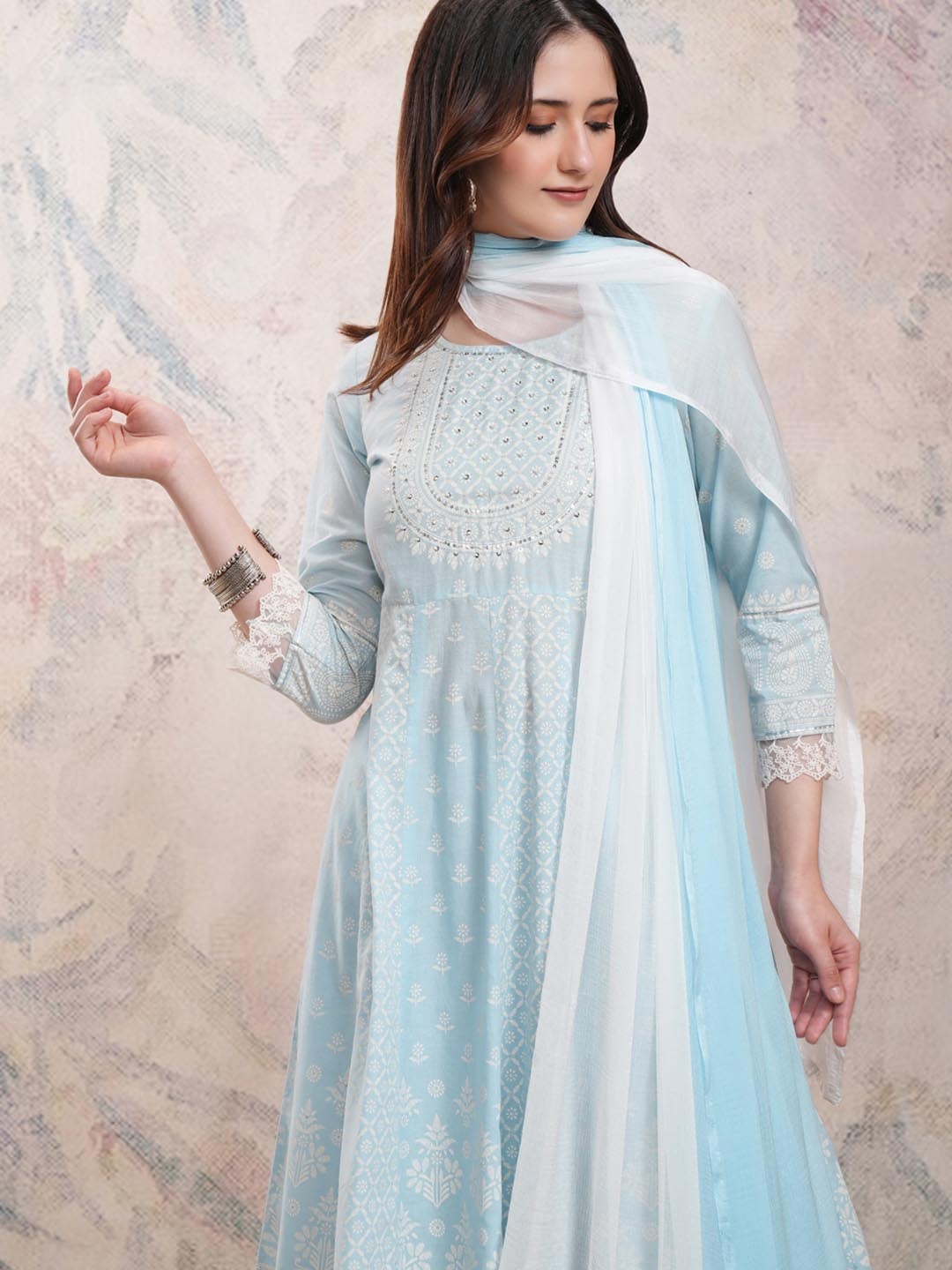 

Vishudh Ethnic Motifs Embroidered Pure Cotton Kurta With Palazzos & Dupatta, Blue