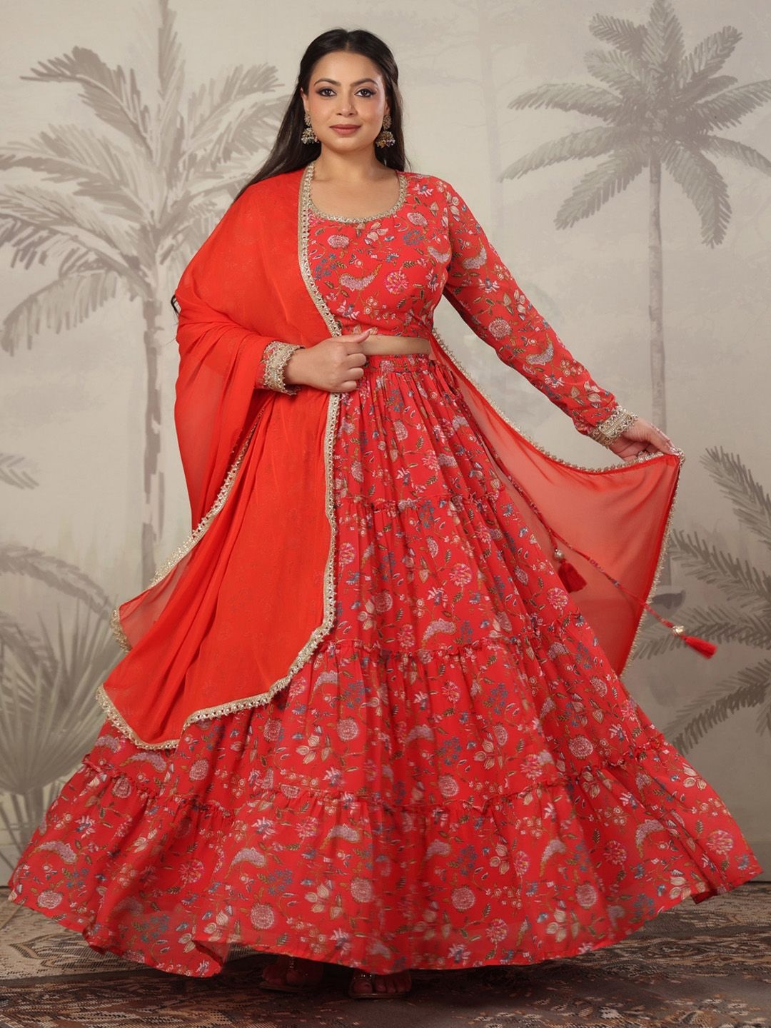 

Janasya Plus Size Floral Printed Ready to Wear Lehenga & Blouse With Dupatta, Red