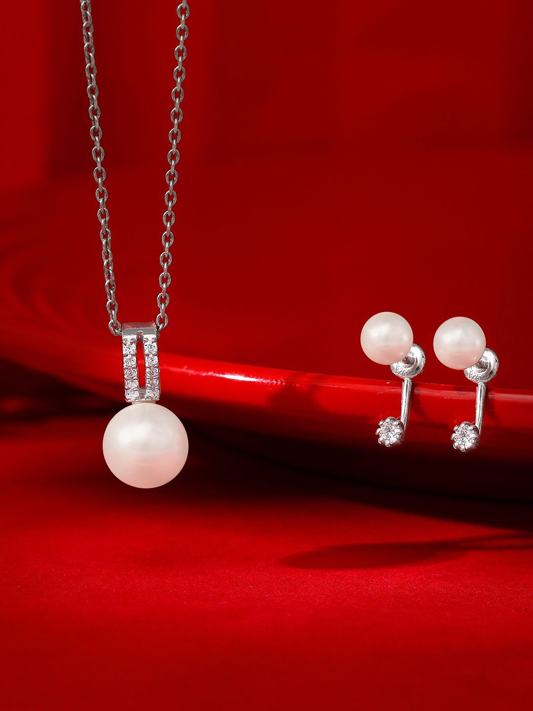 

GIVA 925 Sterling Silver Rhodium-Plated Stone Studded & Beaded Pendant and Earrings
