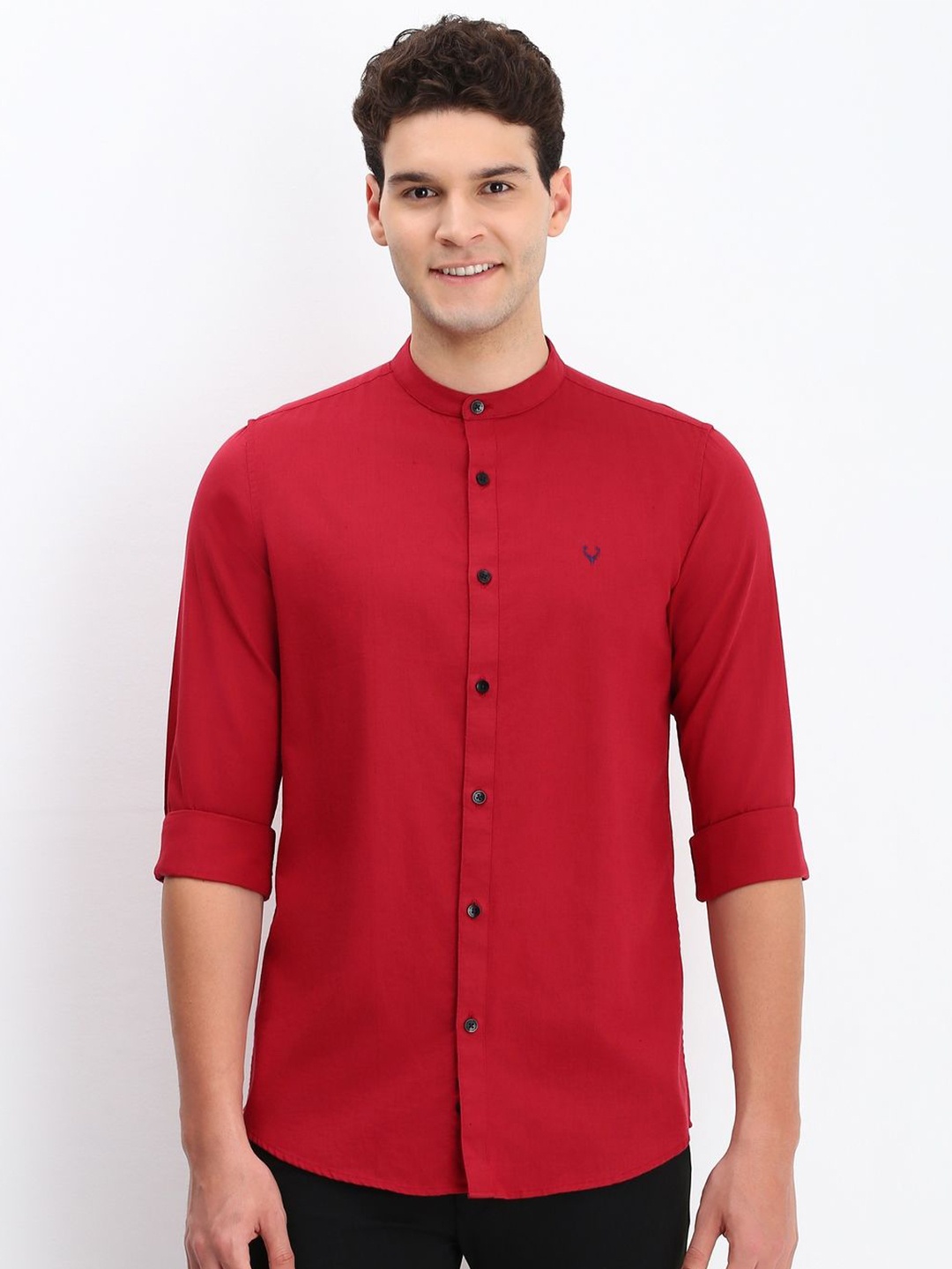 

Allen Solly Men Band Collar Solid Cotton Slim Fit Casual Shirt, Red
