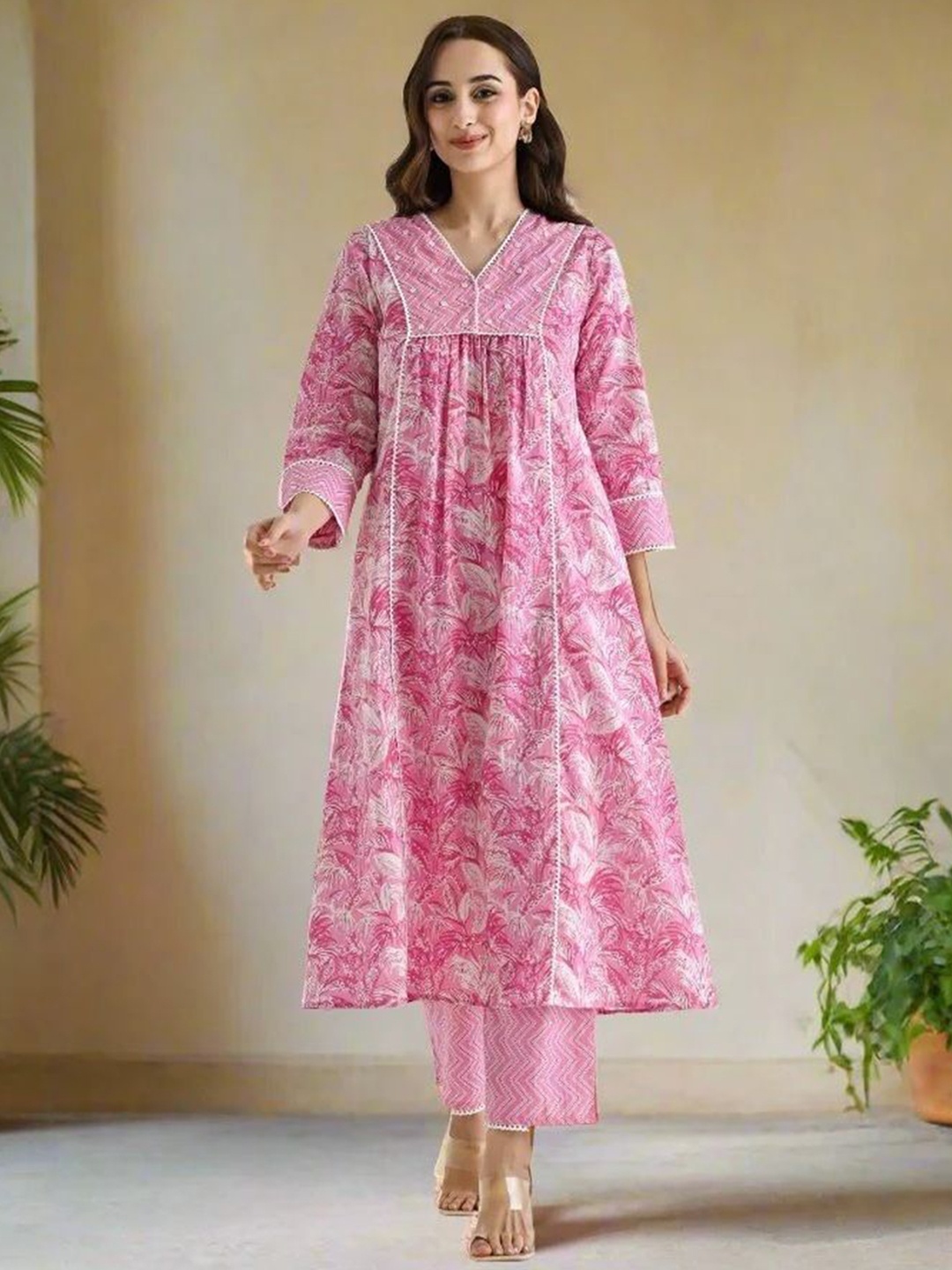 

KALINI Floral Printed V-Neck A-Line Kurta with Trousers, Pink