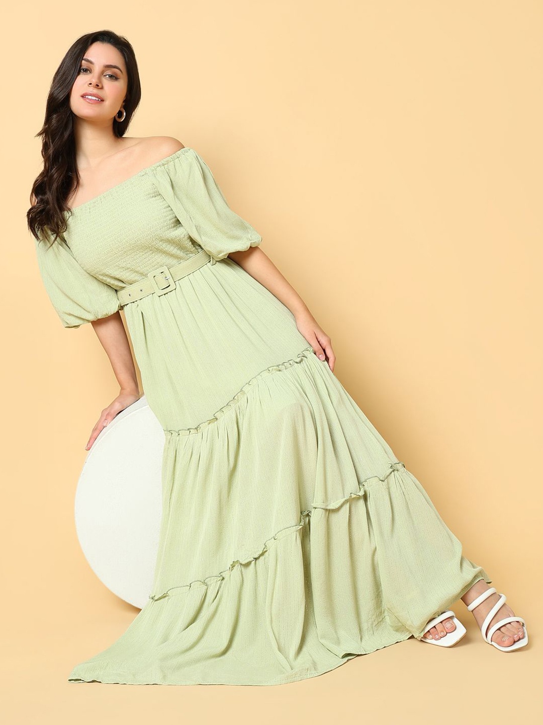 

SHOWOFF Women Off-Shoulder Puff Sleeve Georgette Fit & Flare Maxi Dress, Green