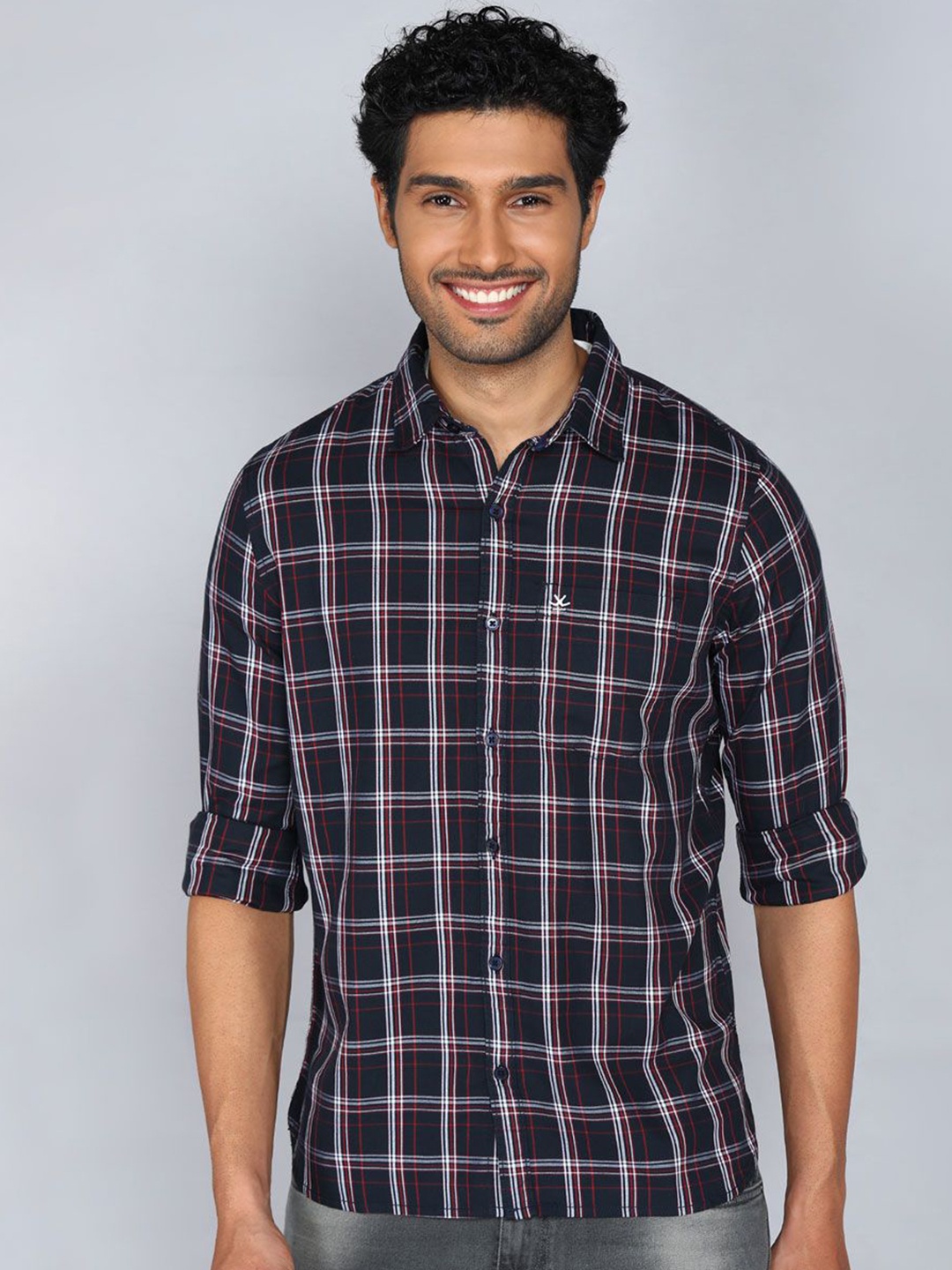 

WROGN Men Spread Collar Tartan Checked Cotton Casual Shirt, Navy blue