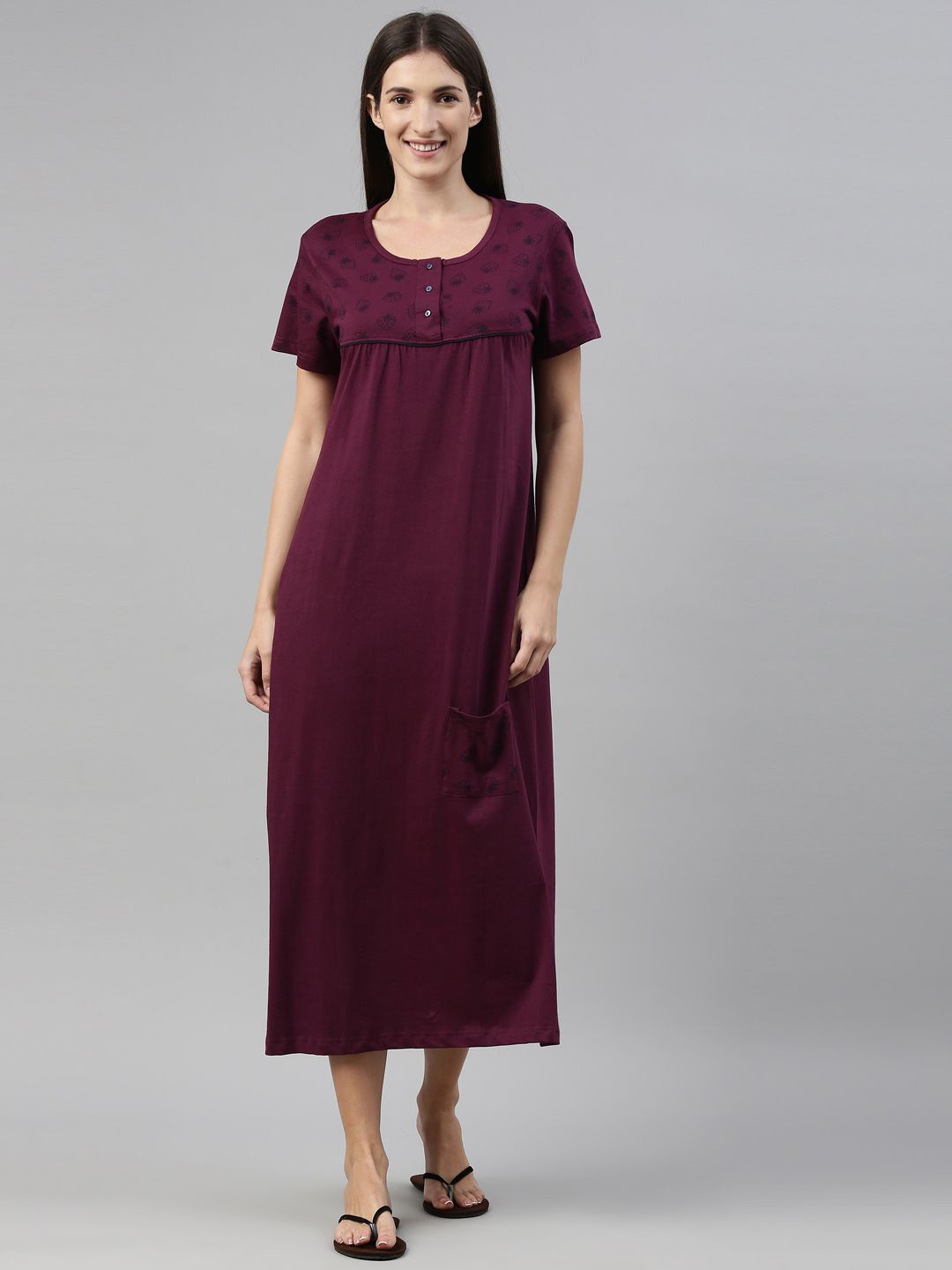 

Kryptic Burgundy Printed Pure Cotton Maxi Nightdress
