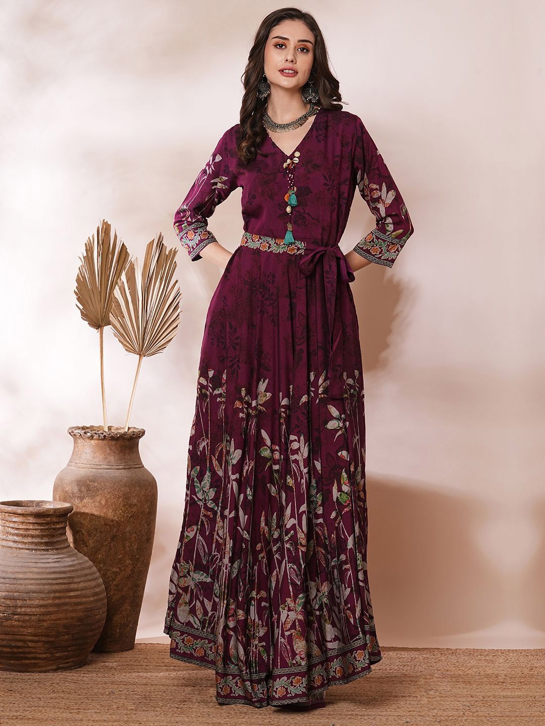 

FASHOR Women Floral Printed A-Line Maxi Dress, Burgundy