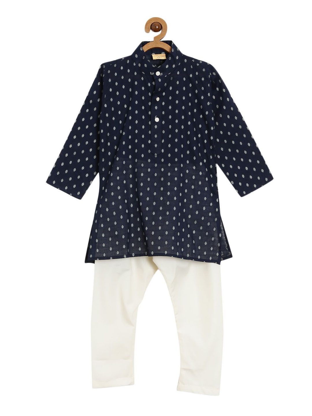 

NIRVAAN Boys Ethnic Motifs Printed Pure Cotton Kurta with Pyjama, Navy blue