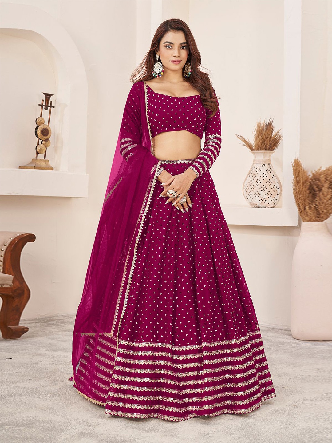 

ODETTE Embellished Sequinned Semi-Stitched Lehenga & Unstitched Blouse With Dupatta, Pink