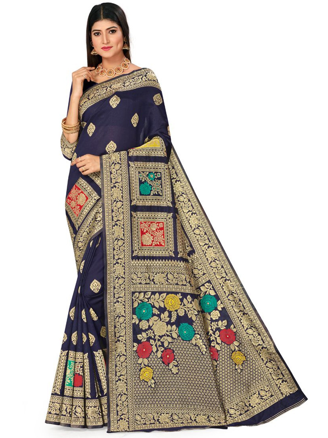 

Maroosh Floral Zari Silk Blend Banarasi Saree, Blue