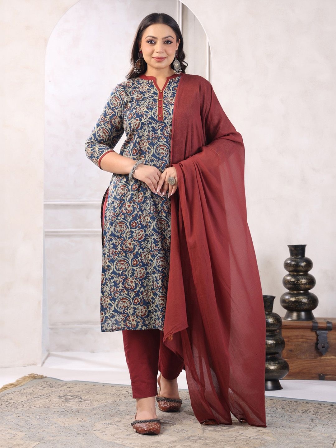 

Janasya Plus Size Ethnic Motifs Printed Pure Cotton Kurta With Trousers & Dupatta, Teal