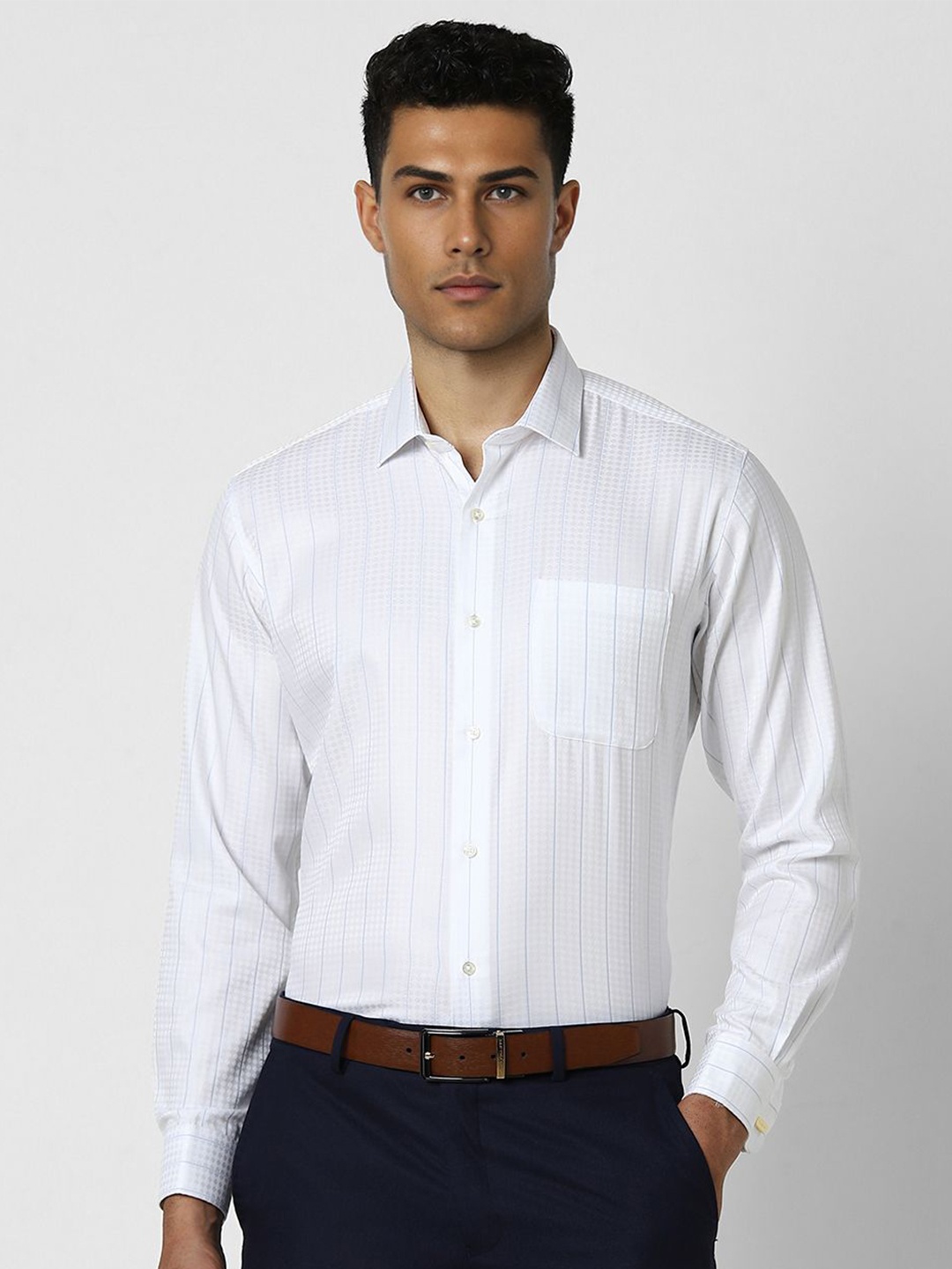 

Van Heusen Men Spread Collar Vertical Striped Cotton Slim Fit Formal Shirt, White