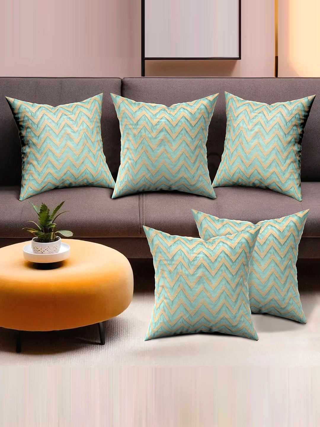 

Kuber Industries Green & Gold-Toned 5 Pieces Self Design Square Cushion Covers