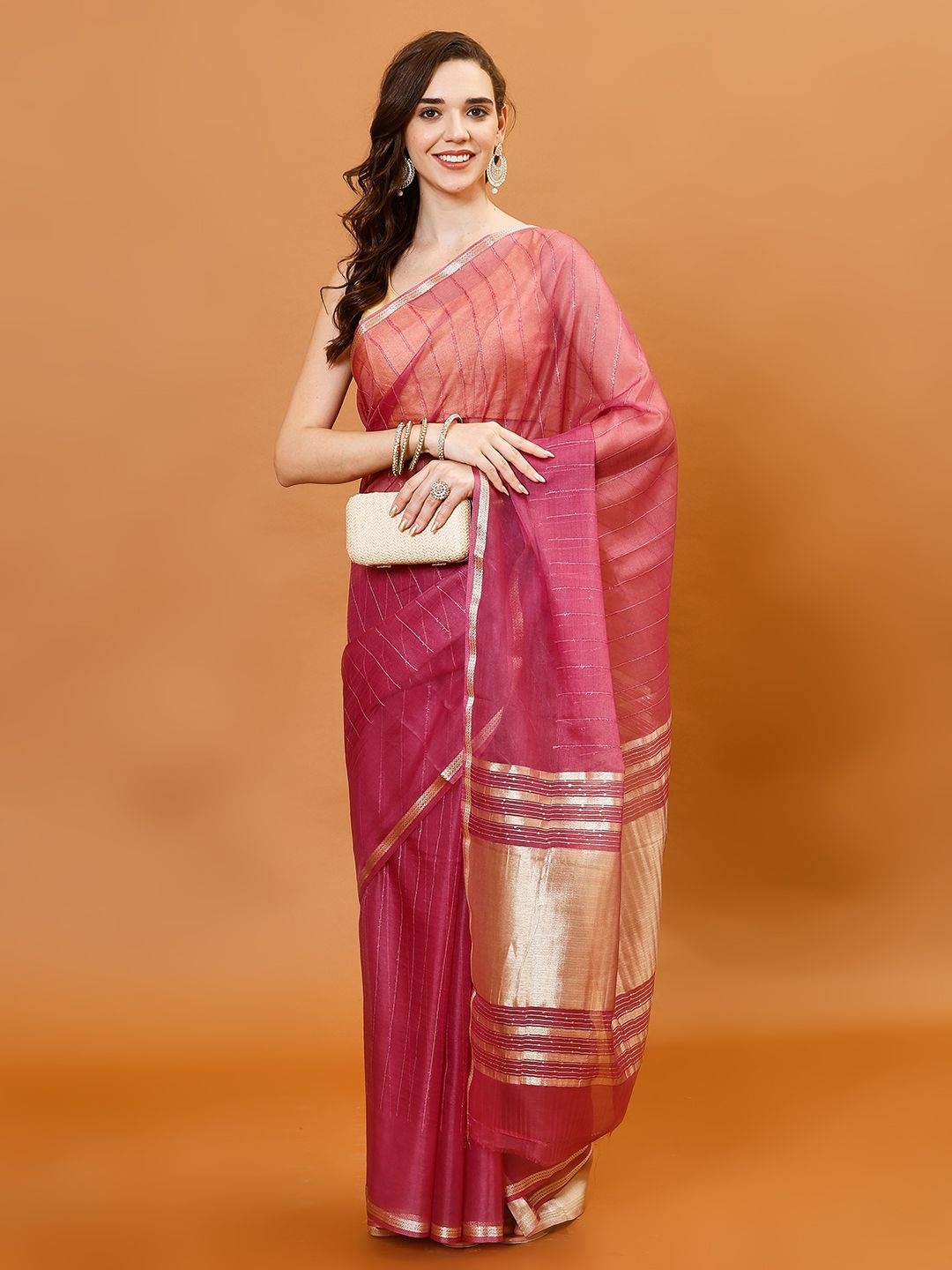 

Meena Bazaar Sequin Stripes Woven Design Organza Saree, Purple