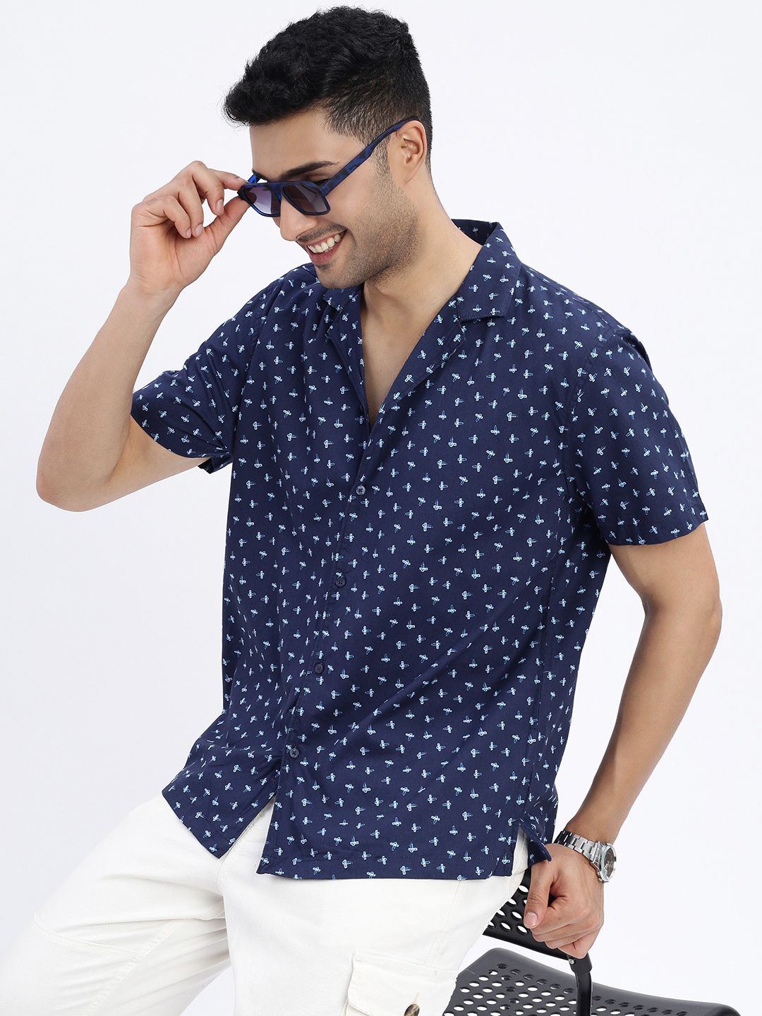 

SHOWOFF Men Premium Cuban Collar Micro Ditsy Printed Cotton Relaxed Fit Casual Shirt, Navy blue