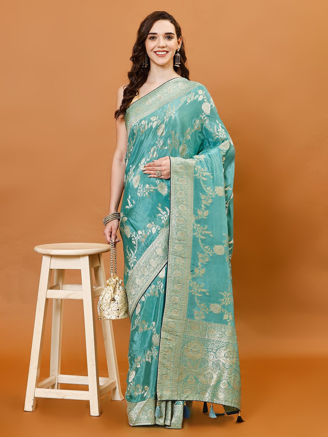

Meena Bazaar Woven Design Zari Poly Crepe Saree unstitched blouse piece, Green