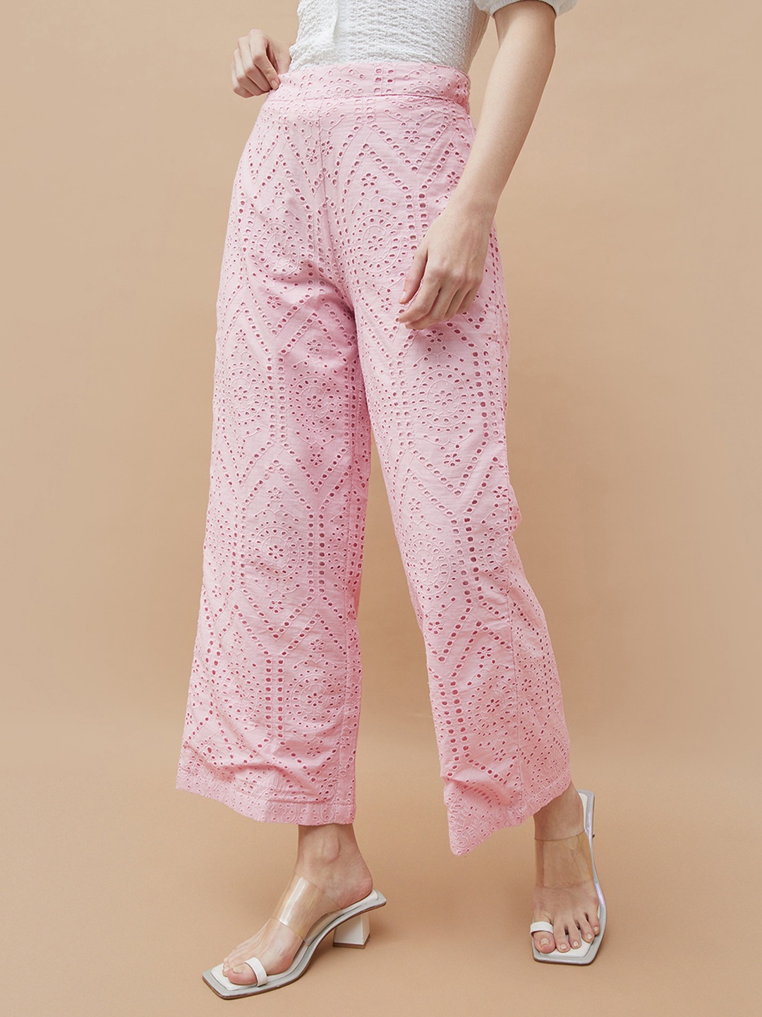 

Colour Me by Melange Women Cotton Self Design Flared Fit Regular Trousers, Pink