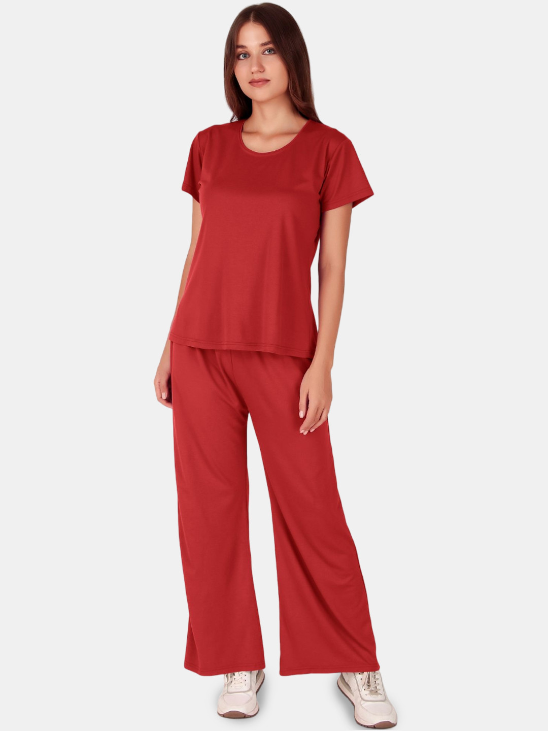 

Fasense Women Round Neck T-Shirt With Trousers Co-Ords, Maroon