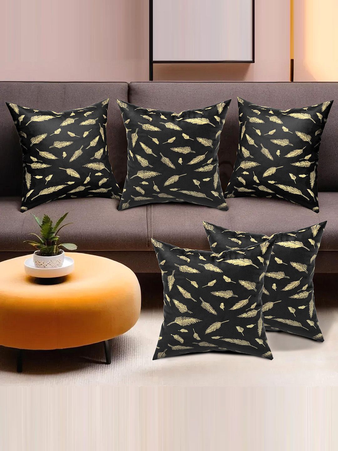 

Kuber Industries Black & Gold-Toned 5 Pieces Self Design Velvet Square Cushion Covers