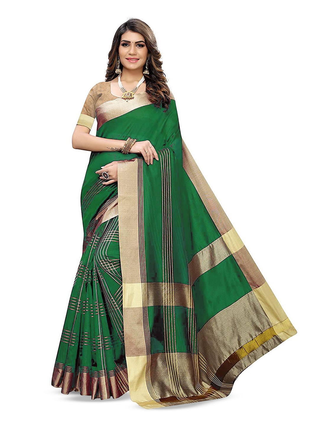 

Maroosh Striped Solid Zari Saree, Green