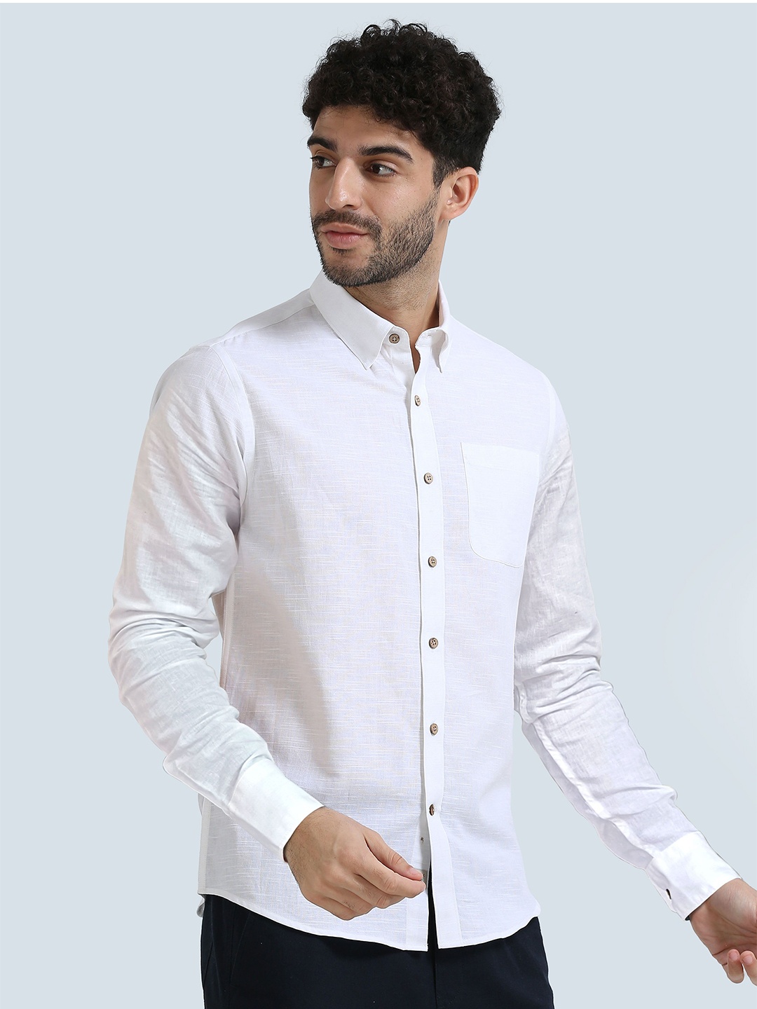 

THE FORMAL CLUB Men Premium Spread Collar Solid Linen Casual Shirt, White