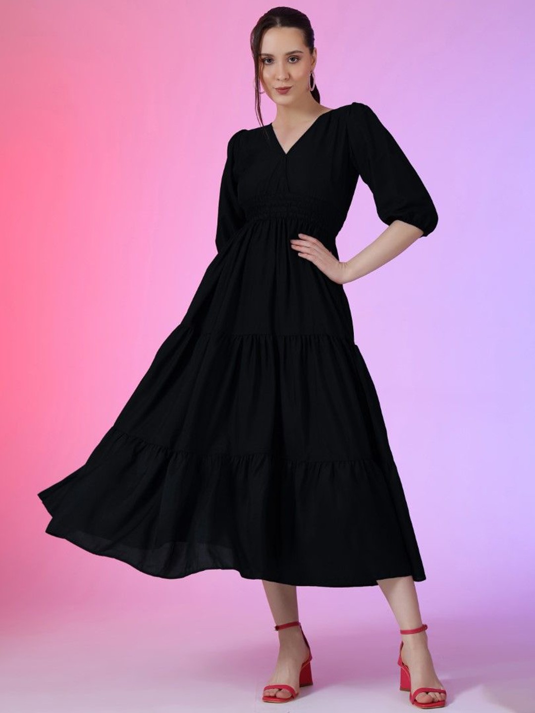 

Krunal Raiyani Women Smocked Fit & Flare Midi Dress, Black