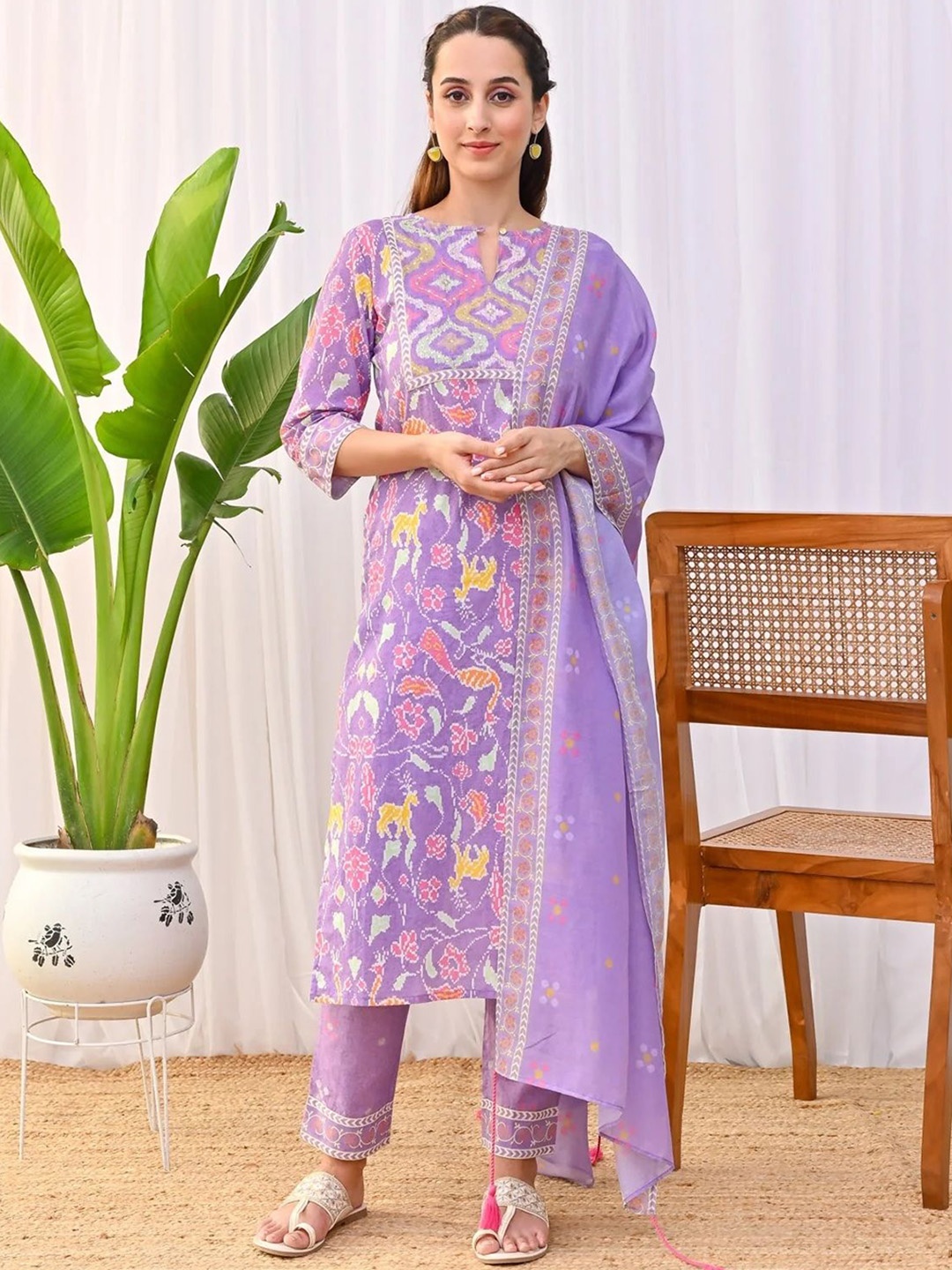 

KALINI Floral Printed Sequinned Kurta with Trousers & Dupatta, Lavender