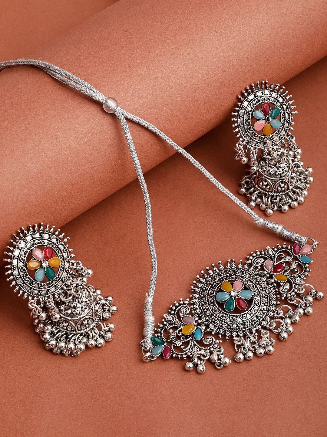 

SUNHARI Stones Studded & Beaded Jewellery Set, Silver