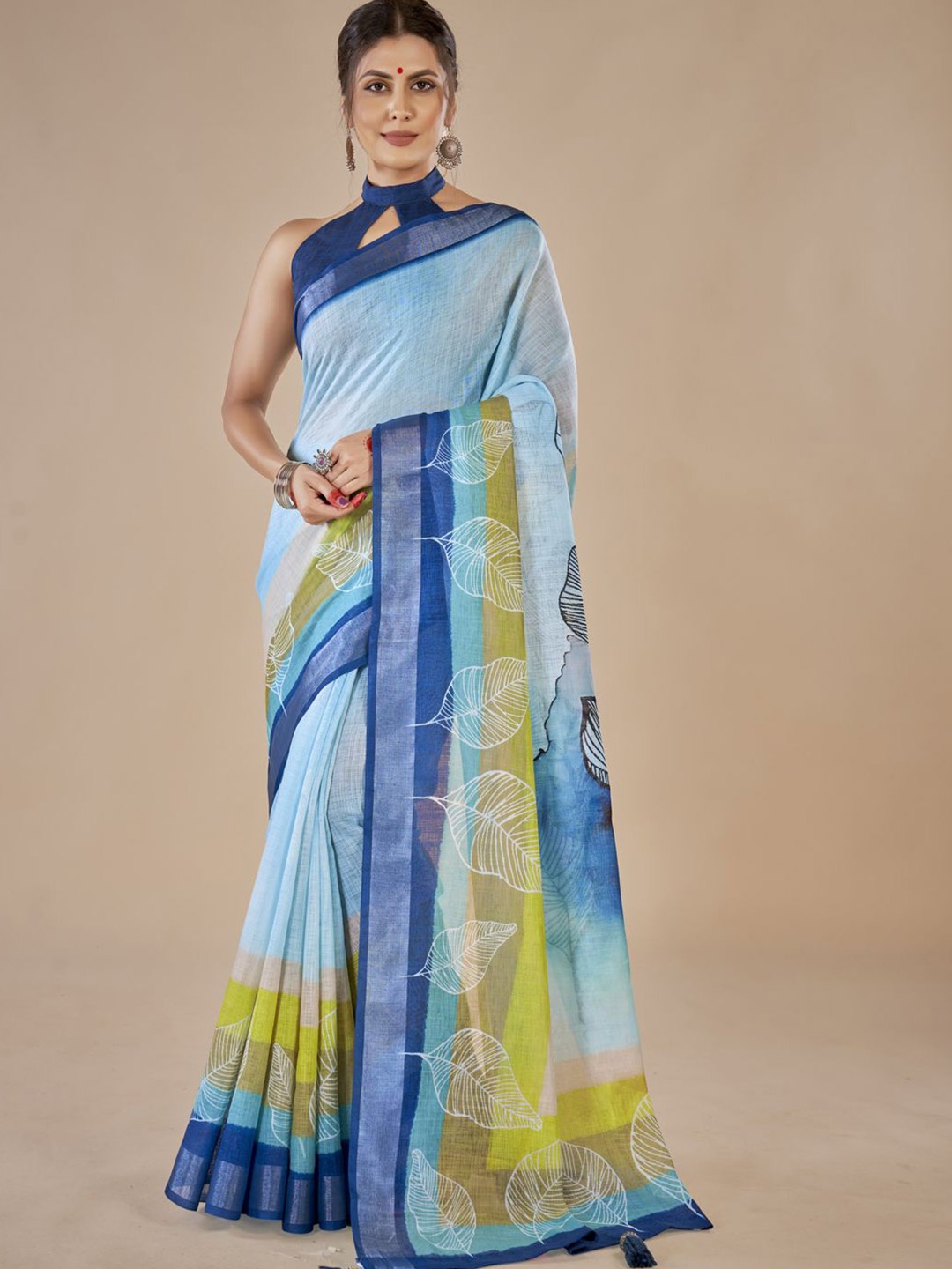 

MINGORA Floral Printed Zari Border Saree With Blouse Piece, Blue