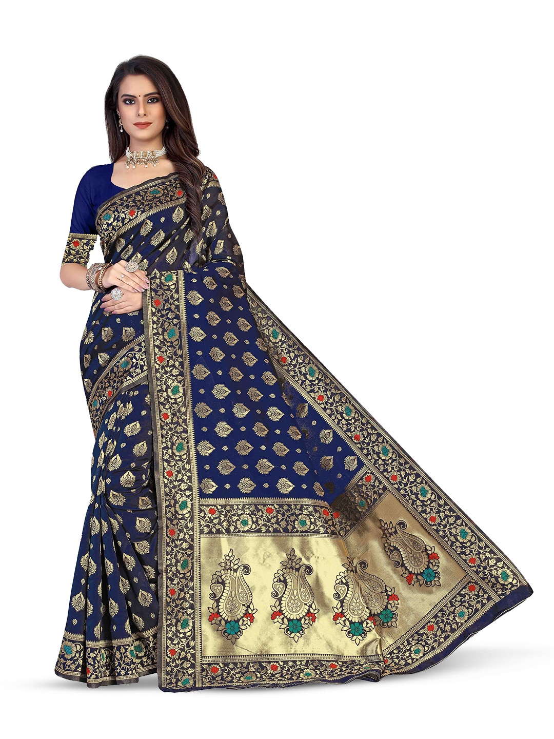 

Maroosh Floral Zari Silk Blend Banarasi Saree, Blue