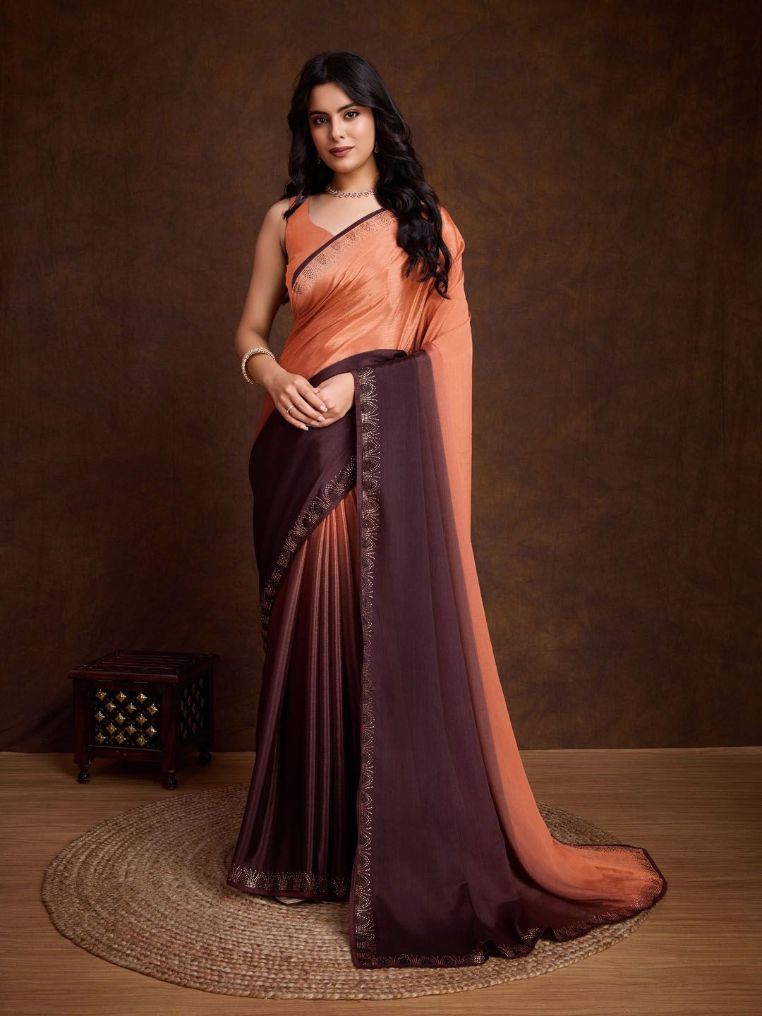 

Meena Bazaar Ombre Beads and Stones Art Silk Saree, Brown