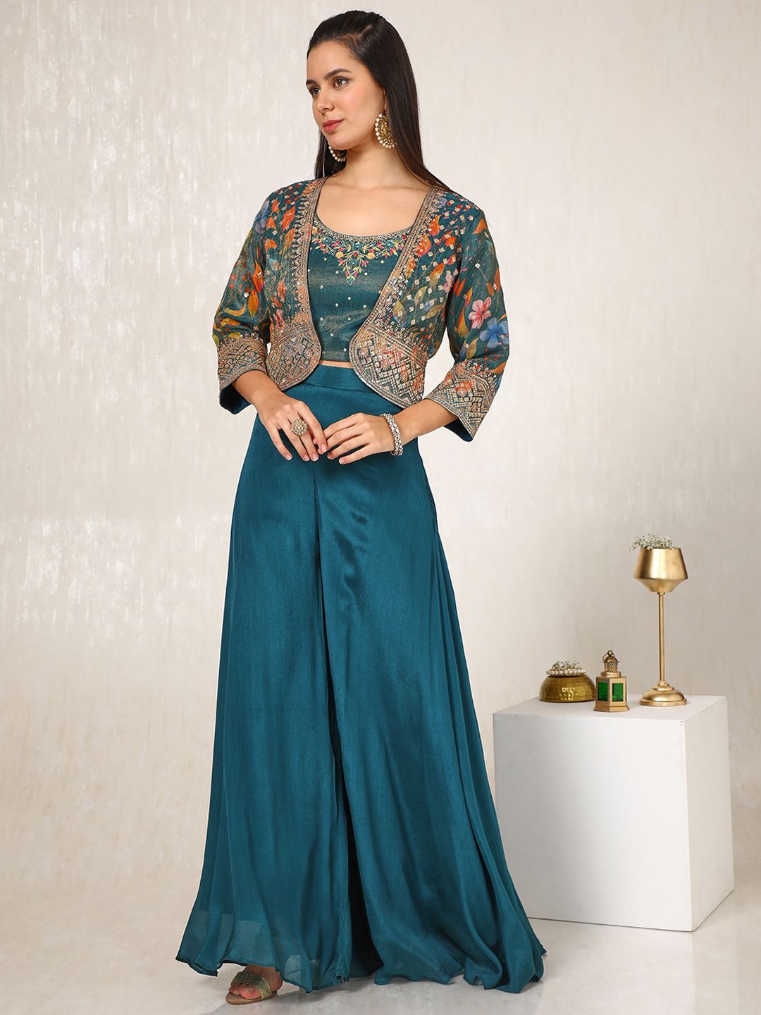 

Soch Embroidered Top & Trousers With Shrug, Teal