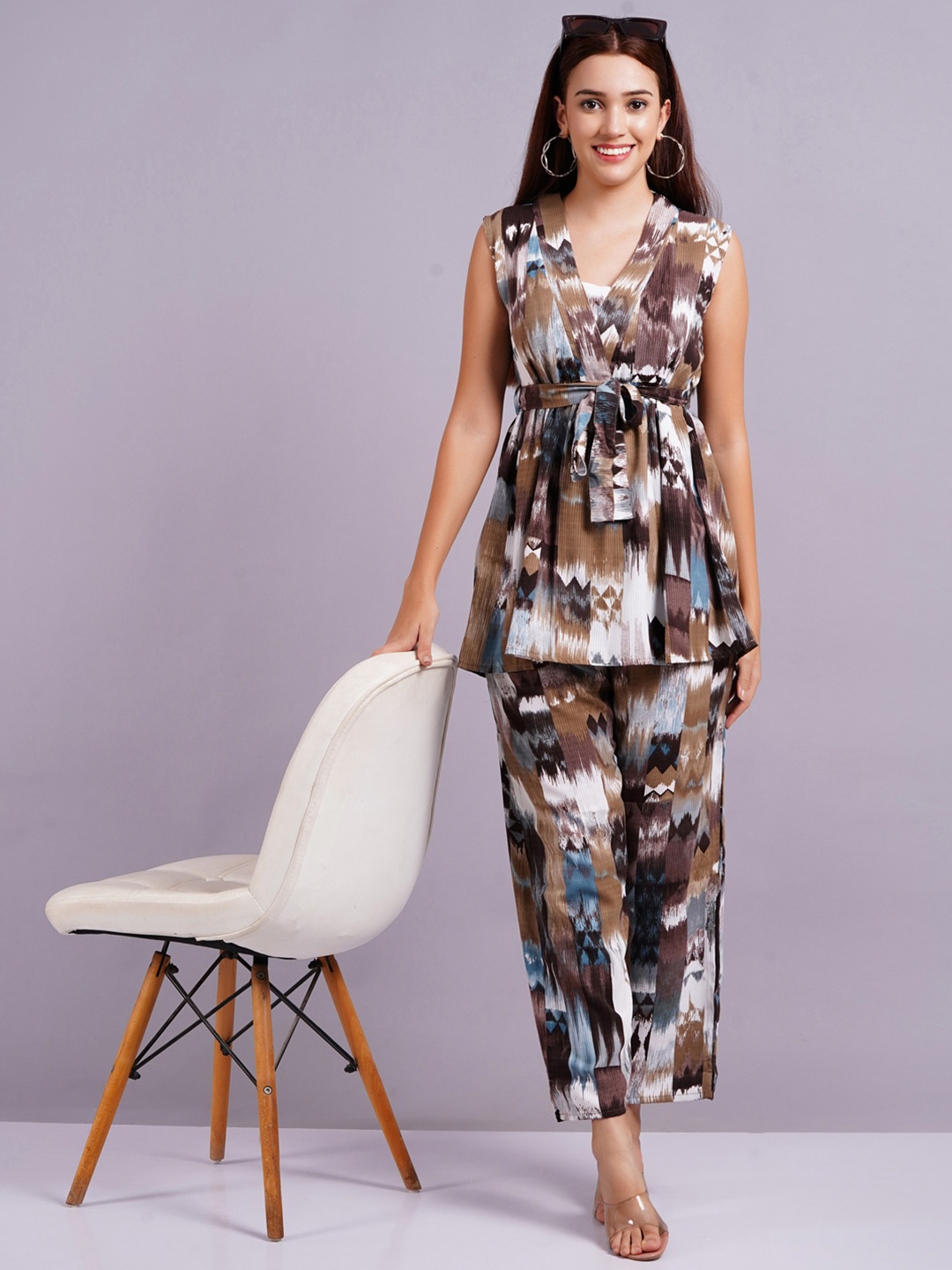 

HIGHLIGHT FASHION EXPORT Printed V-Neck Tunic With Trousers, Brown